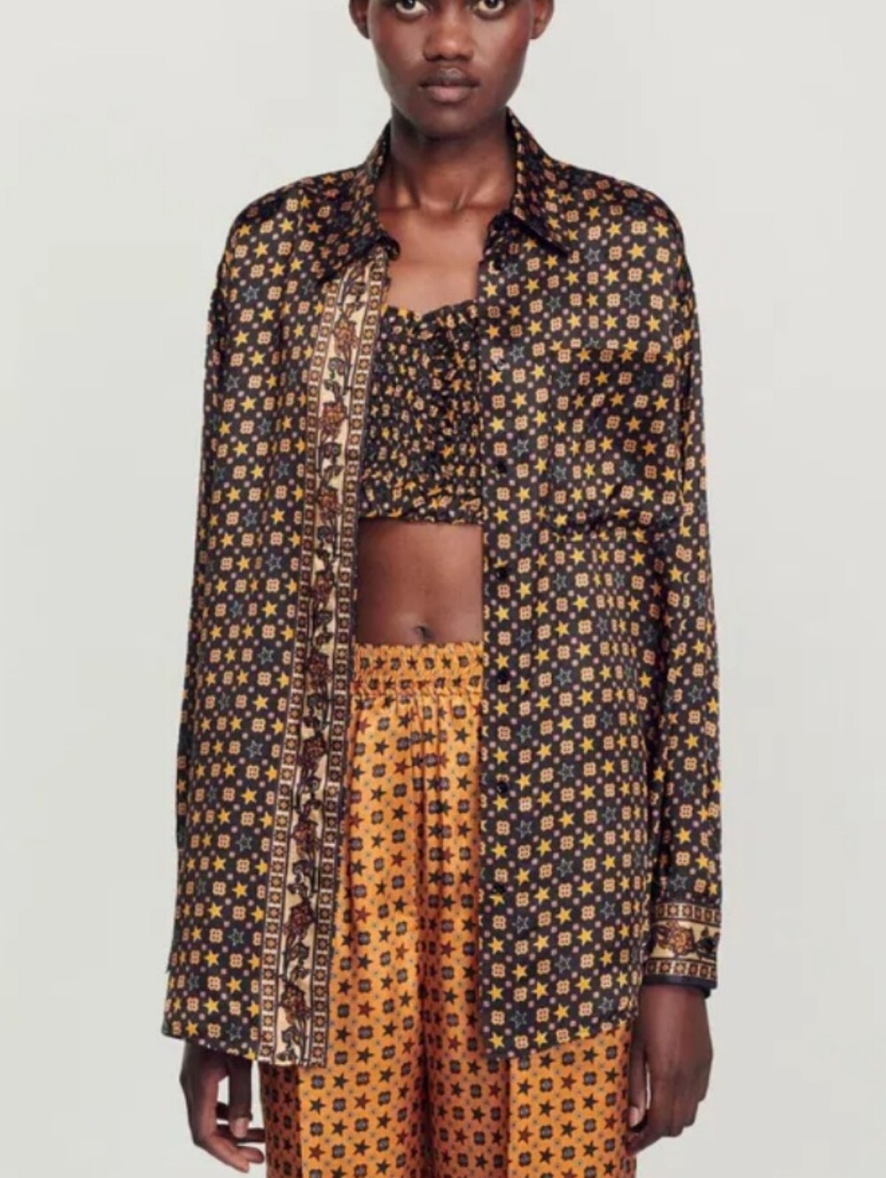 Sandro Women's Jungle Foulard Satin Scarf Print Oversized Button Down Shirt 1